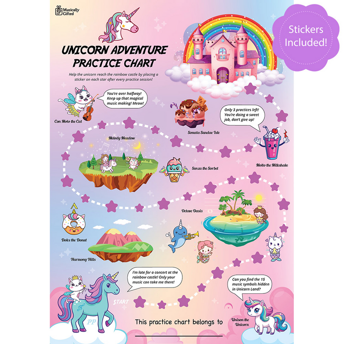 Unicorn Adventure A3 Music Practice Chart by Musically Gifted