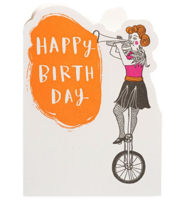 Greeting Card - Happy Birthday Trumpeter on Unicycle