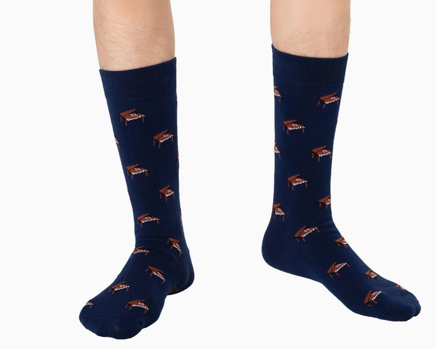 Grand Piano Socks Navy Blue with Brown Grand Pianos