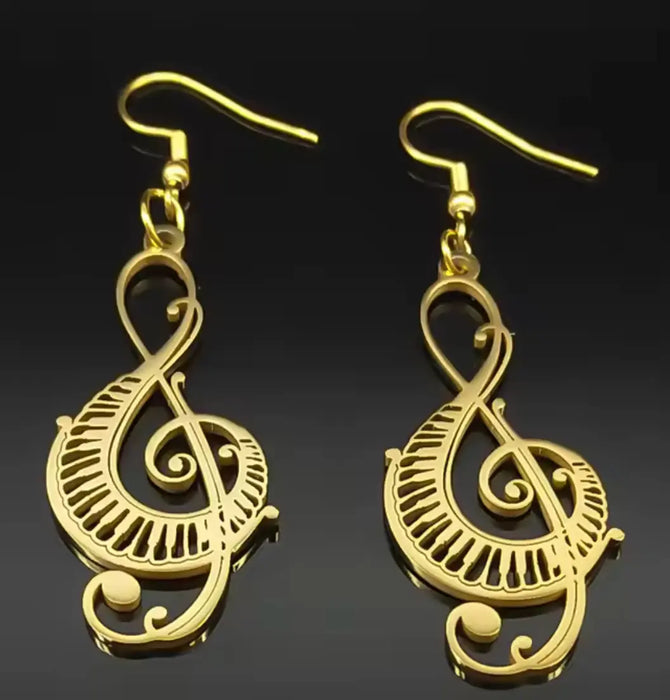 Gold Treble Clef Earrings with a Keyboard Border Stainless Steel