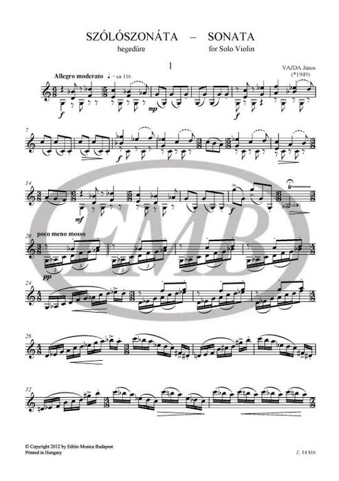 Vajda - Sonata - Violin Solo EMB Z14816