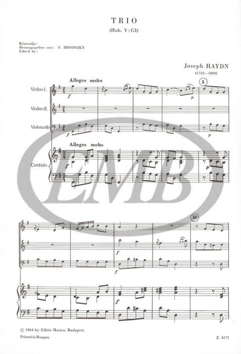 Haydn - Trio HobVG1 - 2 Violins/Cello Trio Score/Parts EMB Z4171