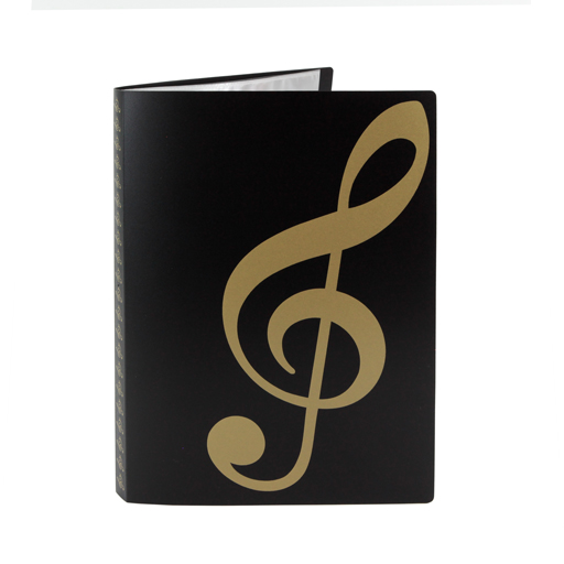 Display Book Folder 20 Pages Side Open Black with Gold Treble & Bass Clefs.