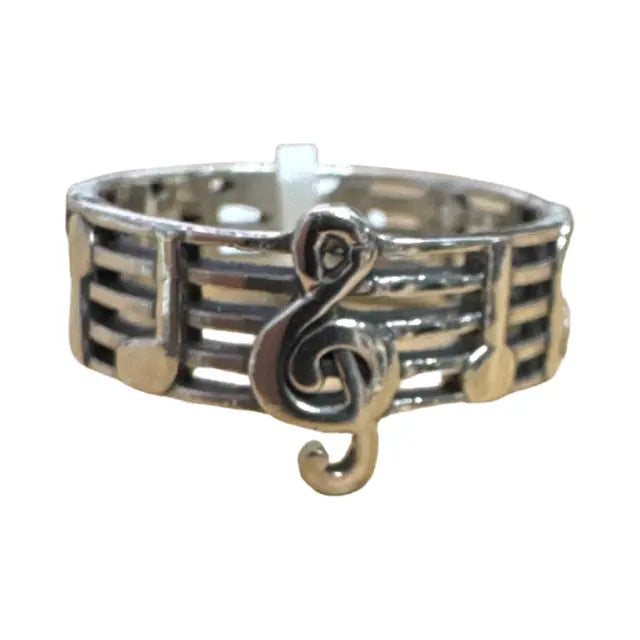 Music Stave Ring with Treble Clefs and Notes Sterling Silver Wide Size 7