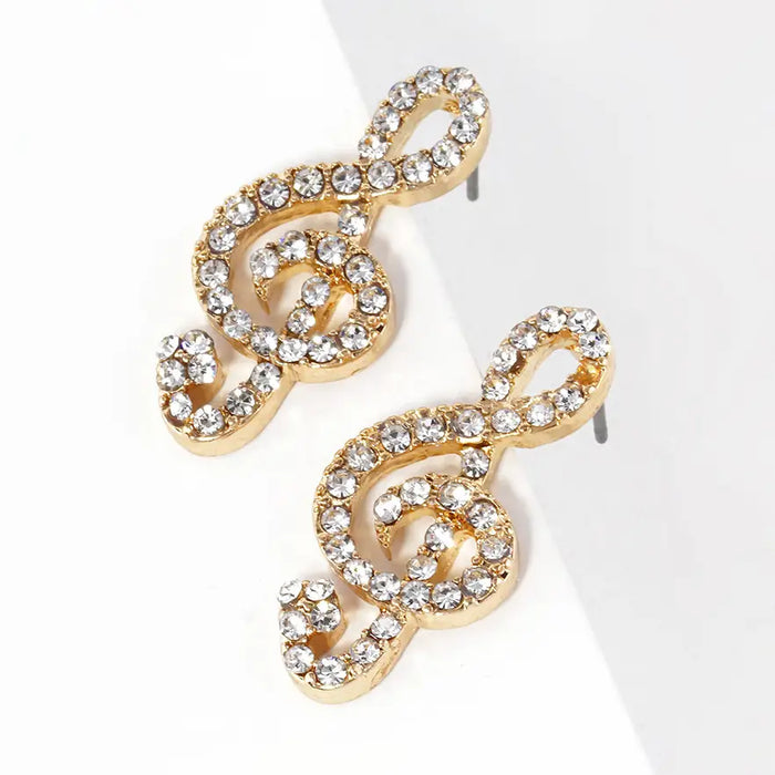 Crystal Paved Treble Clef Gold Stud Earrings