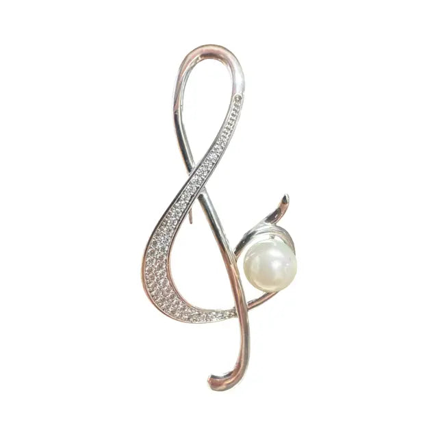 Brooch Treble Clef Silver with Diamontes and a White Pearl