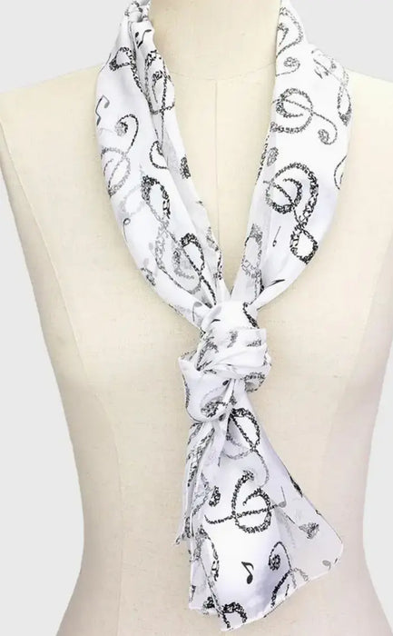 Music Themed Satin Scarf White with Black Treble Clef and Notes