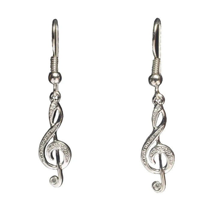Silver Treble Clef Drop Earrings with Diamontes
