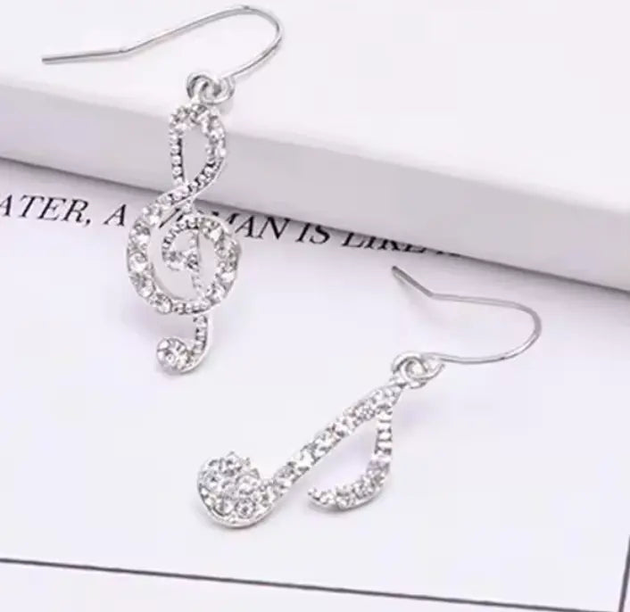 Drop Treble Clef and Quaver Silver Earrings with Rhinestones