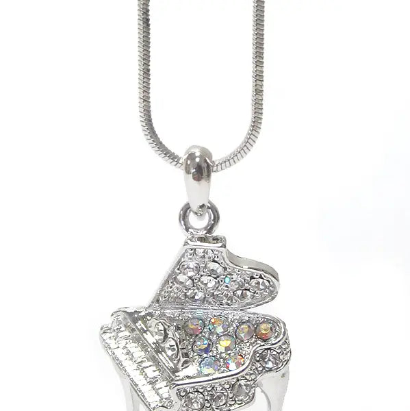 White Gold Plated Crystal Embellished Grand Piano Pendant and Chain
