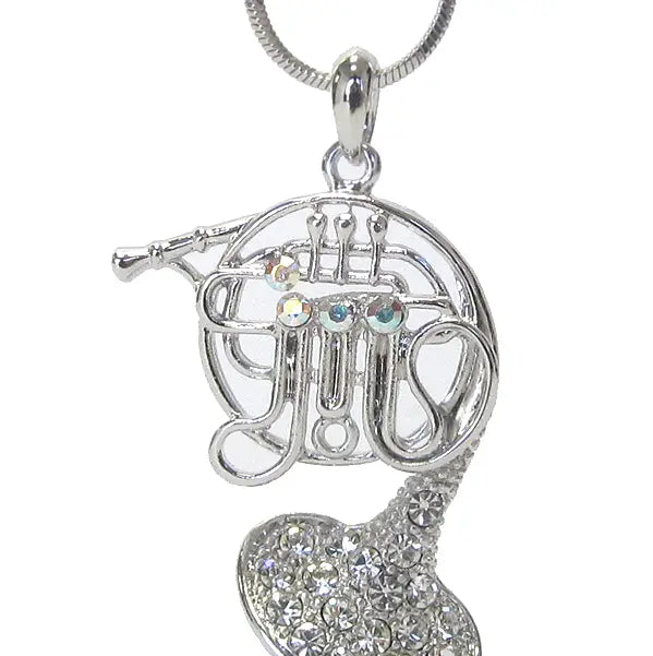 White Gold Plated Crystal Embellished French Horn Pendant and Chain