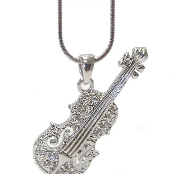 White Gold Plated Crystal Embellished Violin Pendant and Chain