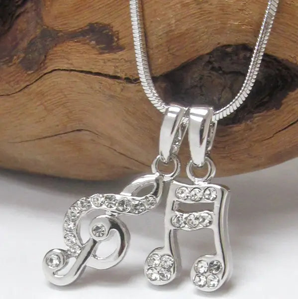 White Gold Plated Crystal Embellished Silver Treble Clef and Semiquaver Pendants with Chain