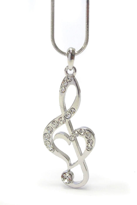 White Gold Plated, Crystal Embellished Treble Clef Pendant in a Heart Shape with Chain Large
