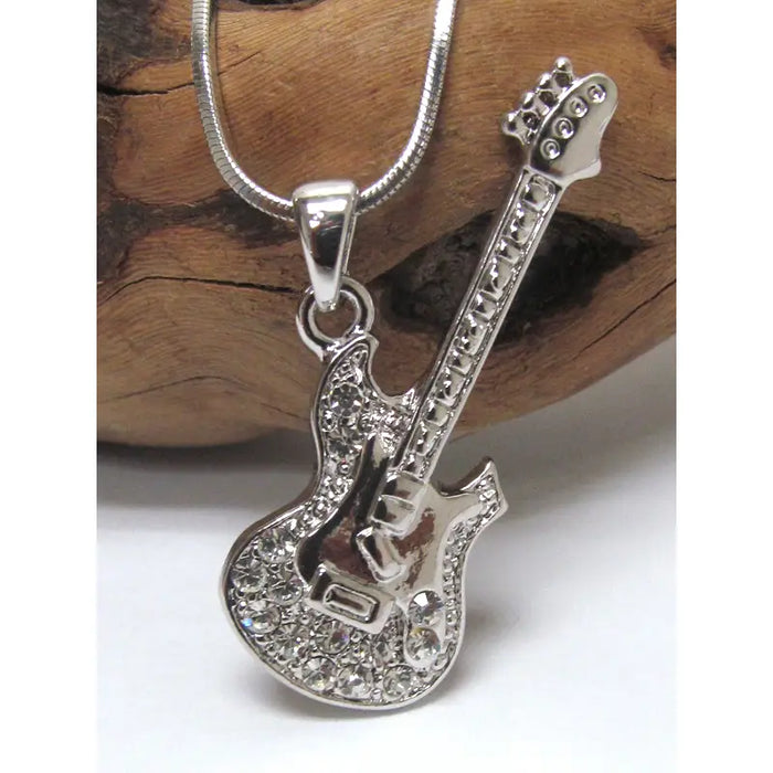 White Gold Plated Crystal Embellished Electric Guitar Pendant and Chain