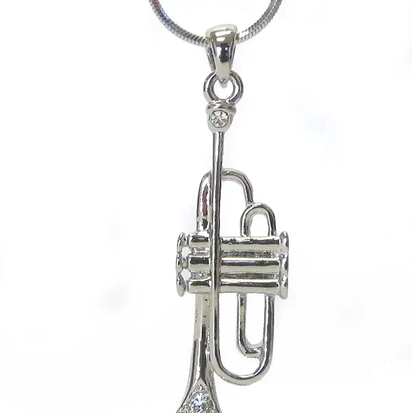 White Gold Plated Crystal Embellished Trumpet Pendant and Chain