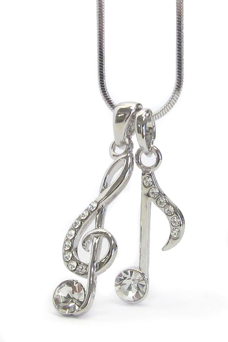 White gold plated Treble Clef and Quaver Pendants with Crystals and Chain