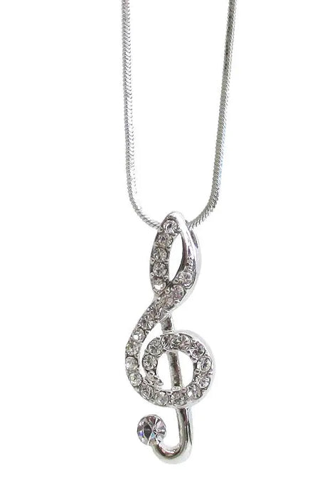 White Gold Plated, Crystal Embellished Treble Clef Pendant in a Heart Shape with Chain Small