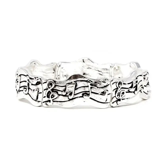 Vintage Metal Stretch Bracelet with a Curved Stave and Notes