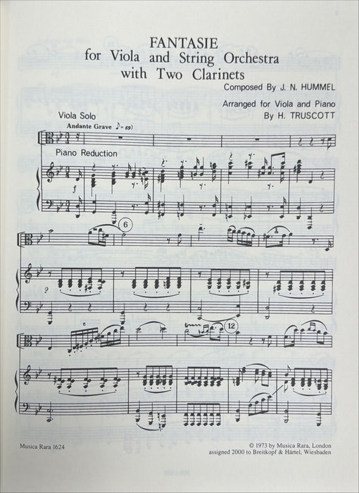 FANTASY FOR VLA/ORCH REDN FOR VLA/PNO - HUMMEL - VIOLA - MUSICA RARA