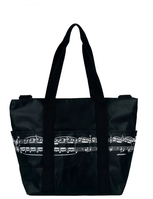 Music Themed Shoulder Bag Black with White Manuscript and Black Straps