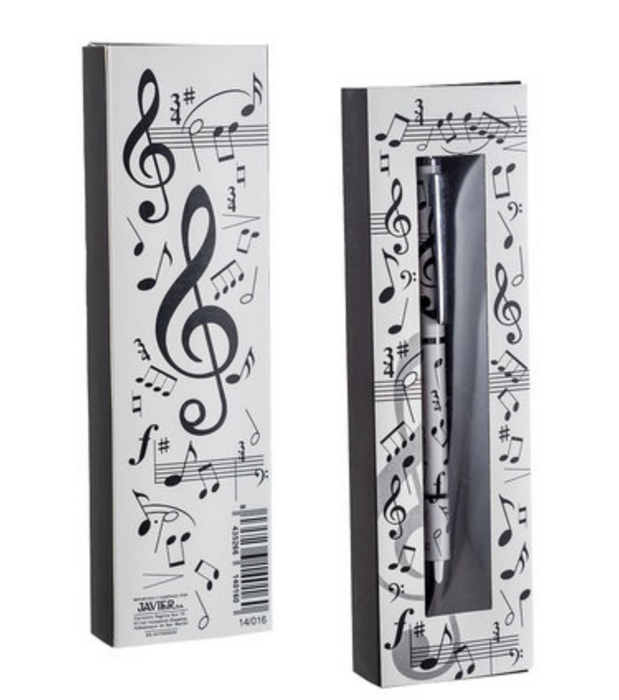Ballpoint Pen White with Black Notes Clefs Boxed