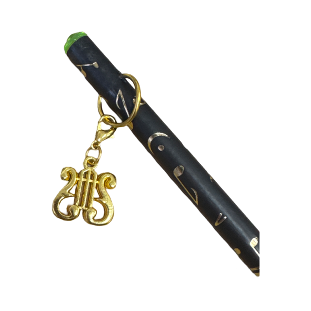 Black Pencil with Gold Embossed Notes and Clefs and a Gold Lyre Charm