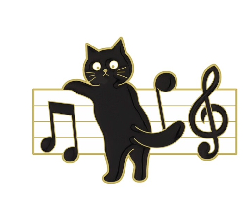 Piano Pin/Brooch Black Enamel Cat on a Music Staff