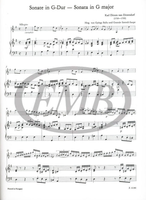 Dittersdorf - 3 Sonatas - Violin/Basso Continuo EMB Z12292