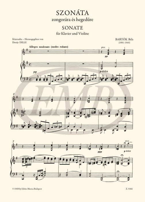 Bartok - Sonata - Violin/Piano Accompaniment edited by Dille EMB Z5366