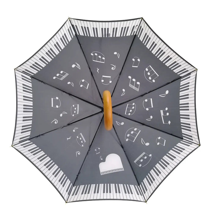 Black Umbrella with White Grand Piano, Notes and Keyboard