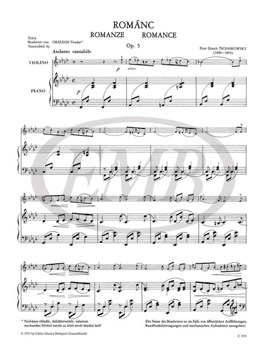 Tchaikovsky - Romance Op5 - Violin/Piano Accompaniment edited by Orszagh EMB Z434