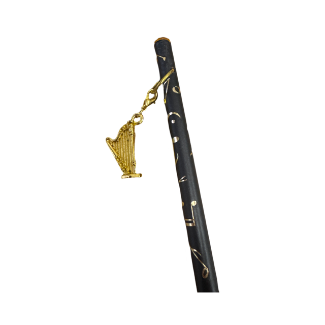 Black Pencil with Gold Embossed Notes and Clefs and a Gold Concert Concert Harp Charm