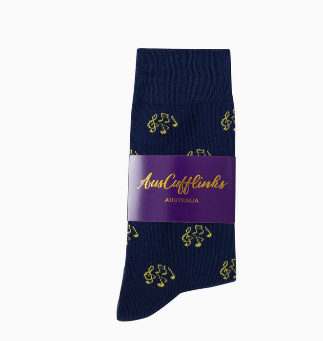 Musical Notes Socks Navy Blue with Yellow Treble Clefs and Notes