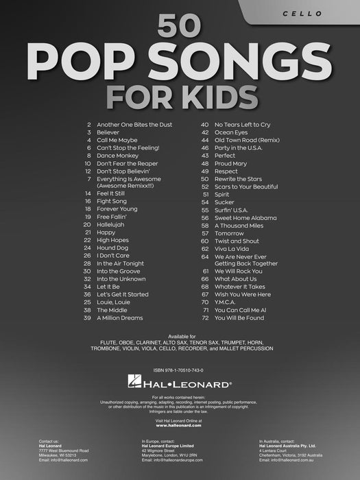 50 Pop Songs for Kids for Cello - Hal Leonard