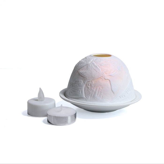 White Tealight Angel Playing the Lute with Flowing Manuscript