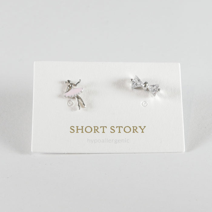 Short Story Silver Ballerina in Pink Tutu Stud Earrings in Glass Vile