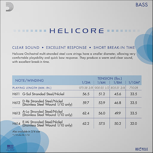 D'Addario Helicore Bass Orchestral String Set Medium 1/8