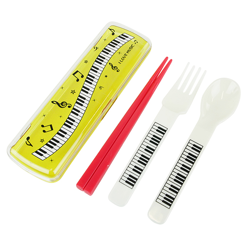 Children's Cutlery Set - White Spoon & Fork & red chopsticks in Yellow Container