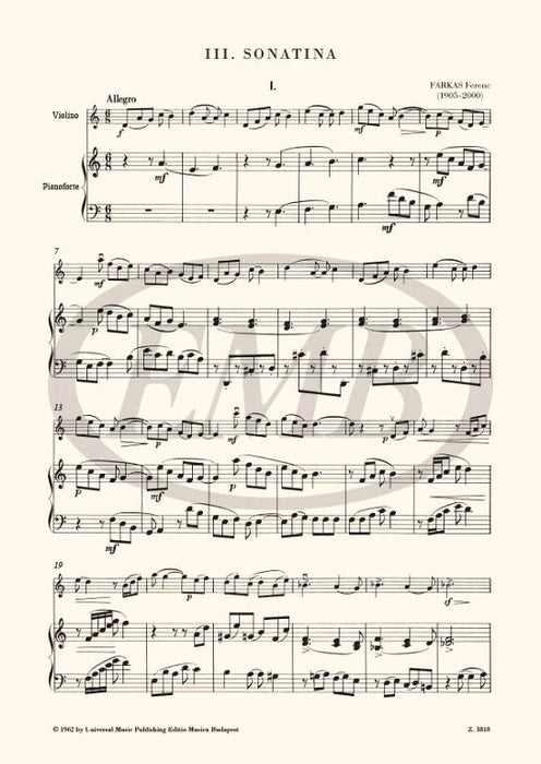 Farkas - Sonatina #3 - Violin/Piano Accompaniment EMB Z3818