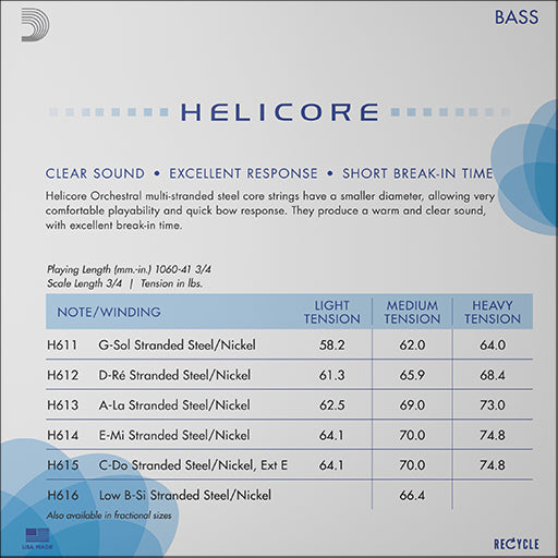 D'Addario Helicore Bass Orchestral String Set Medium 3/4