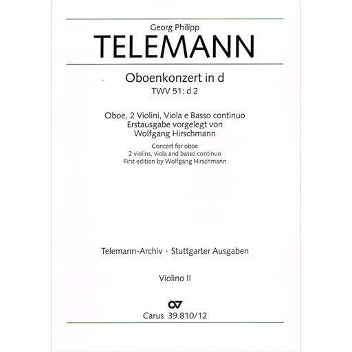Telemann - Concerto in Dmin - Oboe/String Orchestra Violin 2 Part Carus Verlag 39.810/12