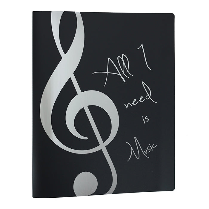 A4 Display Folder Black with Silver Treble Clef and 'All I Need is Music' Saying 20 Clear Pockets