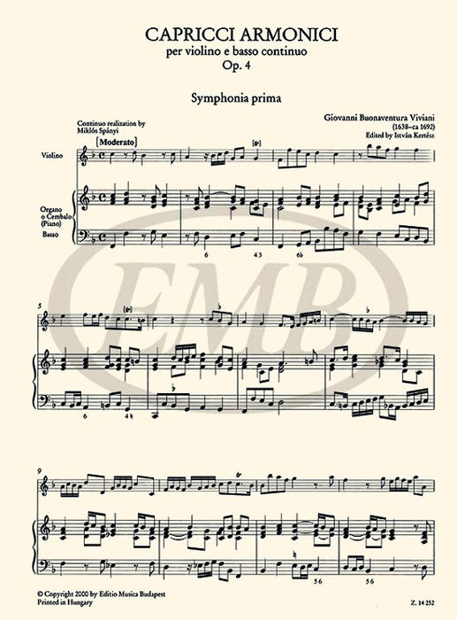 Viviani - Capricci Armonici Op4 - Violin/Basso Continuo EMB Z14252