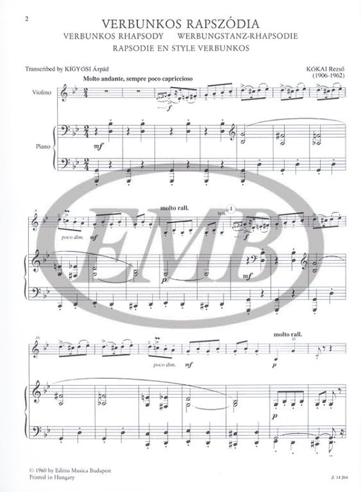Kokai - Verbunkos Rhapsody - Violin or Viola or Clarinet/Piano Accompaniment EMB Z14264