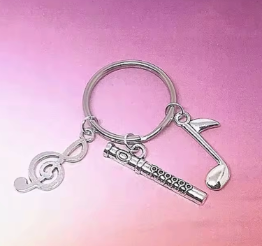 Silver Flute Keyring with a Quaver and Treble Clef Charm