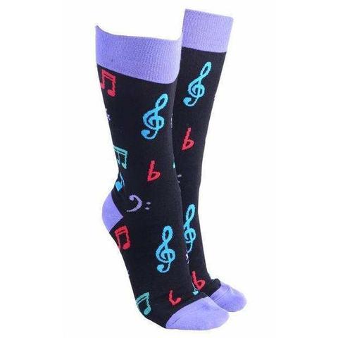Black Musical Socks with Purple Heel and Top.