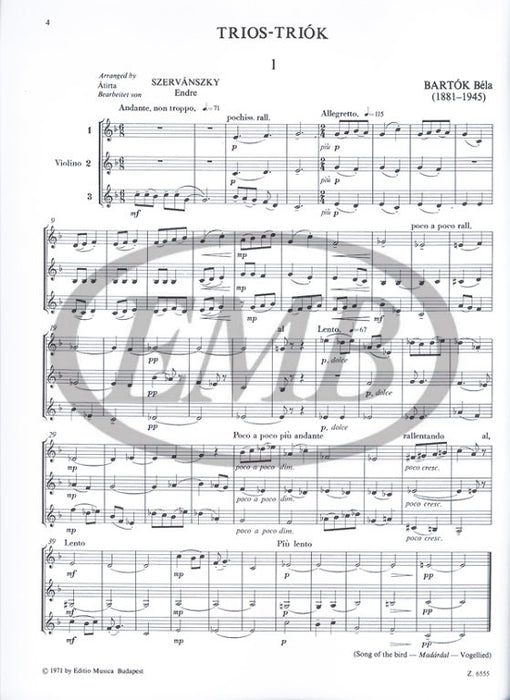Bartok - Trio from 3-Part Choral Works - Violin Trio arranged by Szervansky EMB Z6555