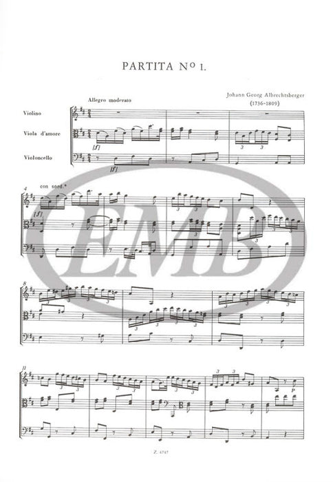 Albrechtsberger - 2 Partitas - Violin/Viola d'Amore/Cello Score EMB Z4747