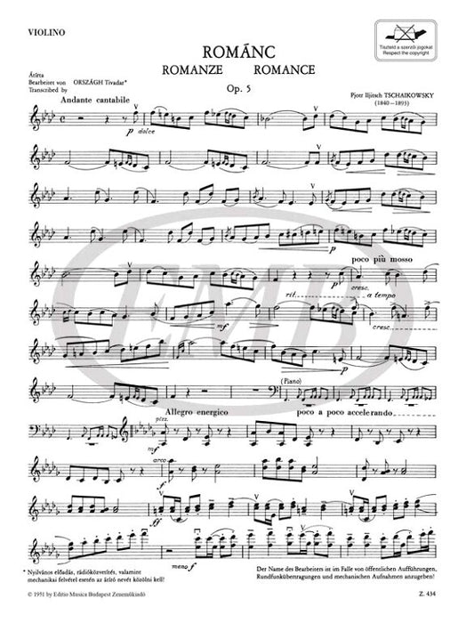 Tchaikovsky - Romance Op5 - Violin/Piano Accompaniment edited by Orszagh EMB Z434
